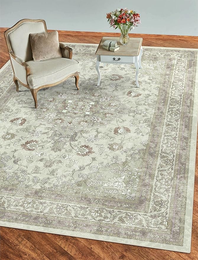 vivorug Sage Green 9x12 Area Rugs for Living Room, Non Slip Machine Washable Vintage Rug, Ultra-Thin Lightweight Large Area Rug for Bedroom, Dining Room, Low Pile Rug