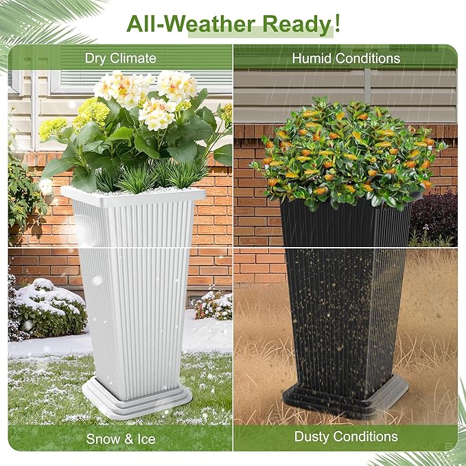 24-Inch Tall Planters Set of 2 for Outdoor and Indoor Use,Tapered Flower Pots with Drainage Tray, Front Porch and Patio Decor,Ideal for Large Plants (Stripes-Black)
