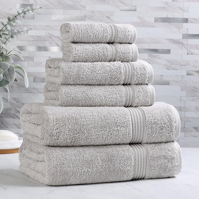 Superior Egyptian Cotton Towel Set, 6-Piece, Bathroom Essentials, Long Staple Combed Cotton, Absorbent, Fast Drying, Silver