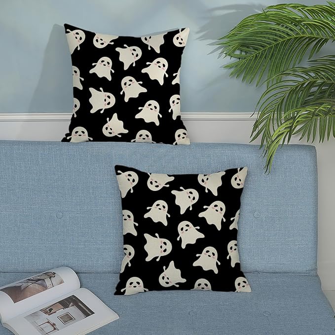 Halloween Decor Pillow Covers 18x18 Pack of 2 Black Beige Cute Ghost Throw Pillow Covers Outdoor Decoration,Fall Holiday Ghost Pillowcase Linen Decorative Cushion Case for Home Sofa Couch