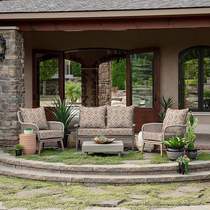 Arden Outdoor Deep Seat Cushion Set, 24 in x 24 in, Weather-Proof, Rain-Proof, Fade Resistant Patio Cushion for Chair, Sofa, and Couch Global Vintage Medallion