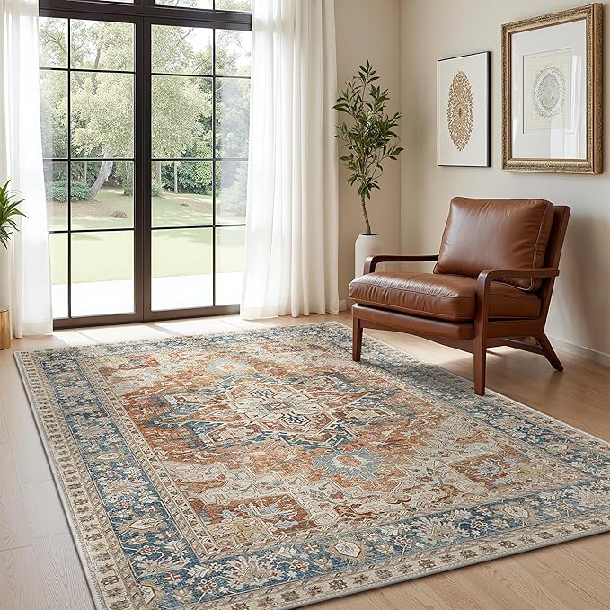 GENIMO 5X7 Area Rugs for Living Room, Machine Washable Vintage Floor Cover Foldable Modern Non Slip Rug, Low Pile Soft Indoor Carpet Floral Print Mat Rug,Bedroom/Dining Room/Home Office,Terracotta