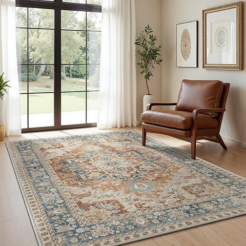 GENIMO 5X7 Area Rugs for Living Room, Machine Washable Vintage Floor Cover Foldable Modern Non Slip Rug, Low Pile Soft Indoor Carpet Floral Print Mat Rug,Bedroom/Dining Room/Home Office,Terracotta