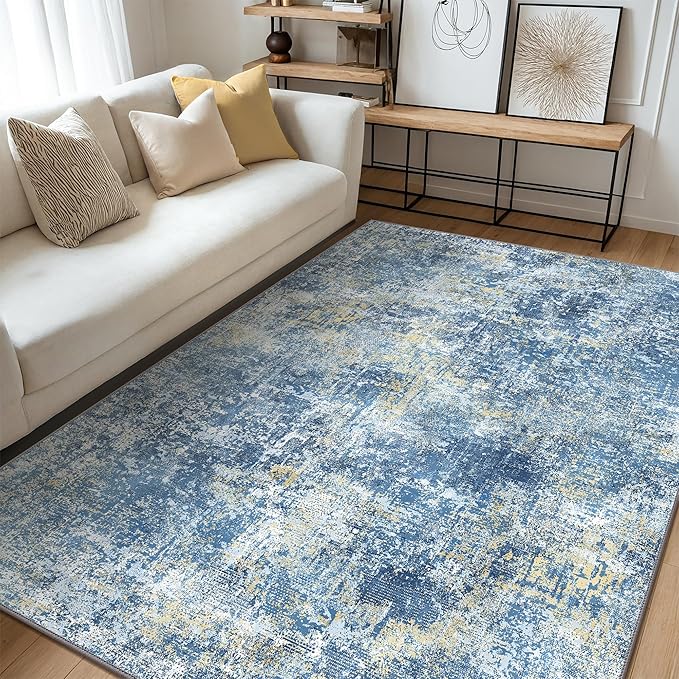 GENIMO Washable Area Rugs for Living Room Bedroom, 8X10 Modern Abstract Non Slip Rug, Low Pile Soft Contemporary Indoor Floor Carpet Cover for Dinning Room Kitchen, Denim Blue
