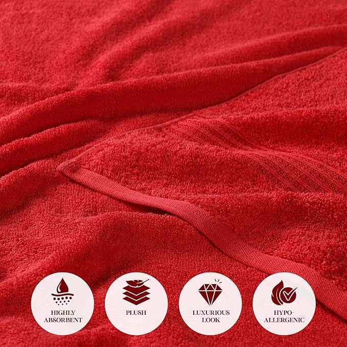 Superior Egyptian Cotton Bath Towel Set, Towels for Home Bathroom, Master, Guest Bath, Decor Essentials, Quick Dry, Absorbent, Large Body Towels, Spa, Hotel, Resort, Adult, Kids, Set of 4, Red