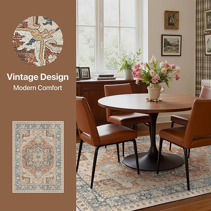 GENIMO 5X7 Area Rugs for Living Room, Machine Washable Vintage Floor Cover Foldable Modern Non Slip Rug, Low Pile Soft Indoor Carpet Floral Print Mat Rug,Bedroom/Dining Room/Home Office,Terracotta