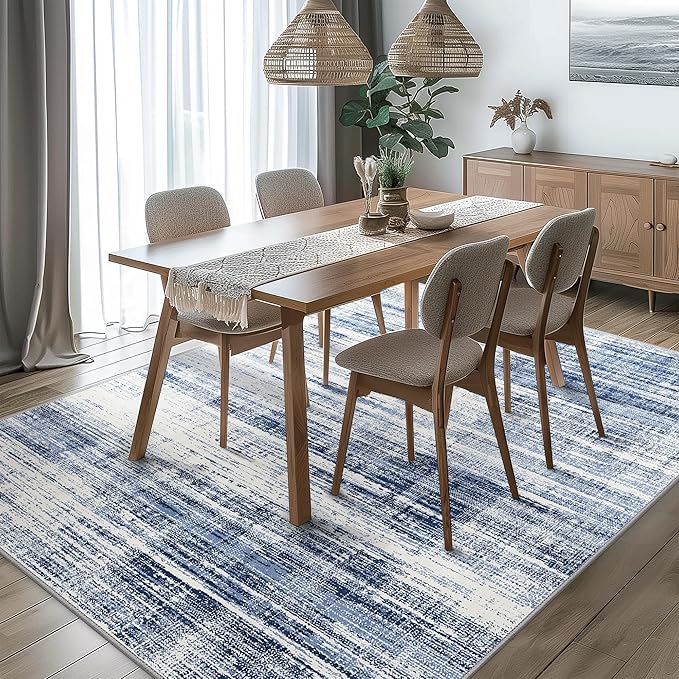 GENIMO 8x10 Washable Area Rug – Modern Abstract, Non-Slip, Low Pile, Contemporary Indoor Floor Carpet for Living Room, Bedroom, Dining Room, Kitchen, Office, Blue