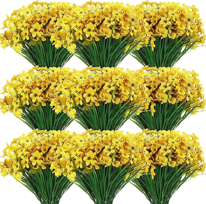 Zeyune 56 Bundles Artificial Flowers Fake UV Resistant for Outdoor Plastic Greenery Shrubs Plants No Fade Faux Flower for Garden Porch Patio Window Wedding Party Decor (Yellow,Bright)