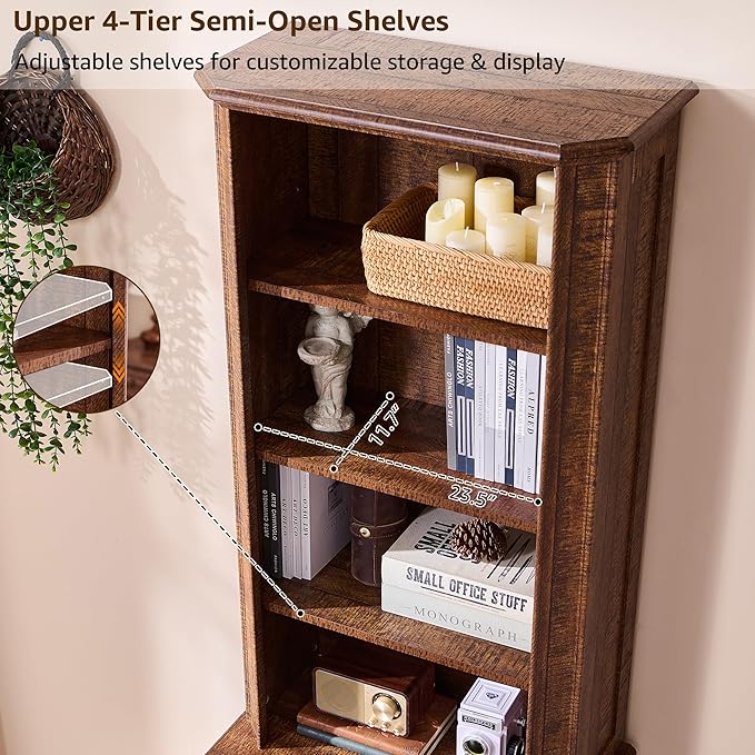 OKD 6-Tier Bookcase with Doors, 72" Tall Farmhouse Bookshelf with Storage & Adjustable Shelves, Wooden Floor Standing Display Book Shelf Organizer for Home Office,Reclaimed Barnwood