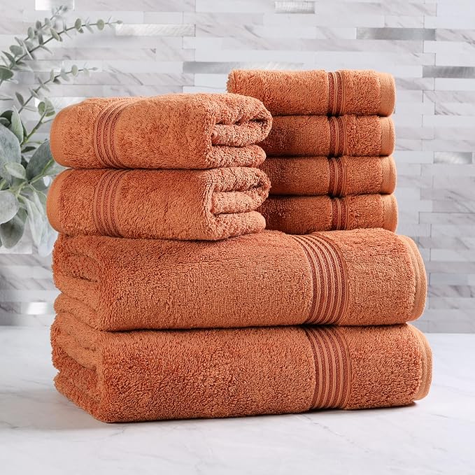 Superior Egyptian Cotton 8-Piece Towel Set, Assorted Towels for Home Bathroom, Master Bath, Decor Essentials, Includes 2 Bath, 2 Hand, 4 Face Towels/Washcloths, Quick Dry, Absorbent, Caramel Brown
