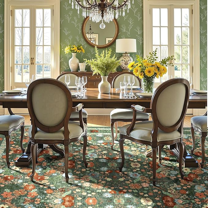 Deerly Green Washable Floral Rugs 8x10 Large Vintage Boho Non-Slip Living Room Carpet Soft Low Pile Thin Bedroom Floor Mat Indoor Home Decor for Dining Room Playroom Nursery Farmhouse, Green/Multi