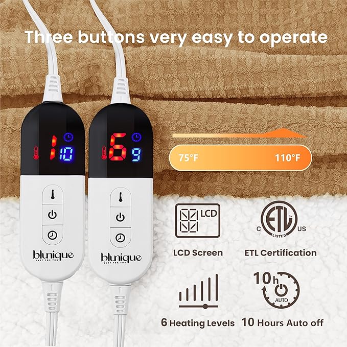 Heated Blanket Electric Blanket Queen Waffle, 84x90 Inches Dual Controllers Sherpa Fleece Fast Heating Blanket 6 Heating Levels & 10 Hours Auto Off ETL Certification, Apricot Orange Queen
