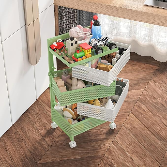 Fruit Basket for Kitchen No Assembly 4-Tier Rotating Storage Rack, Vegetable Storage Cart，Bathroom Shelf,Storage Drawer Cart,Kitchen Organizers and Storage Cart(Green White, 4 Tier-Square)