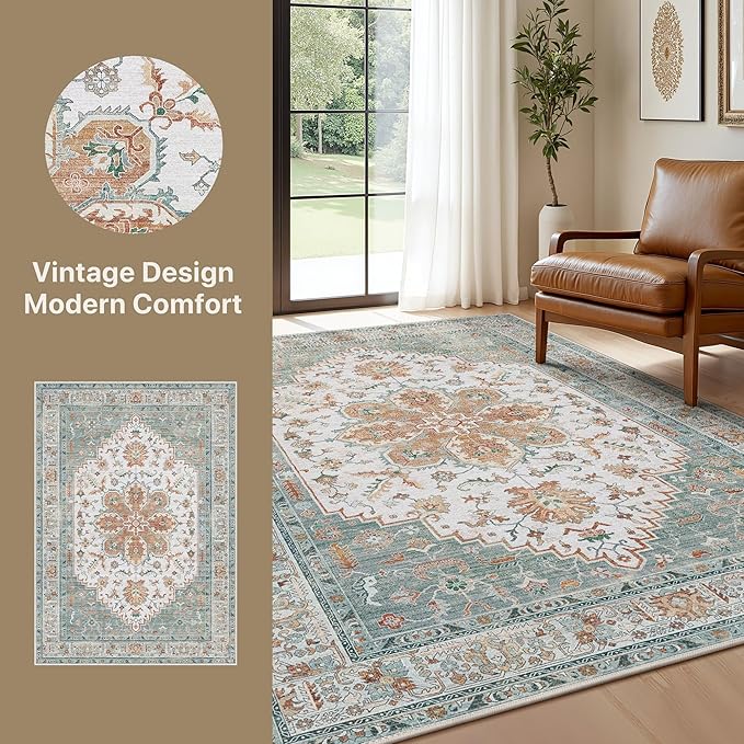 GENIMO 5X7 Area Rugs for Living Room, Machine Washable Vintage Floor Cover Foldable Modern Non Slip Rug, Low Pile Soft Indoor Carpet Floral Print Mat Rug,Bedroom/Dining Room/Home Office, Mint Green