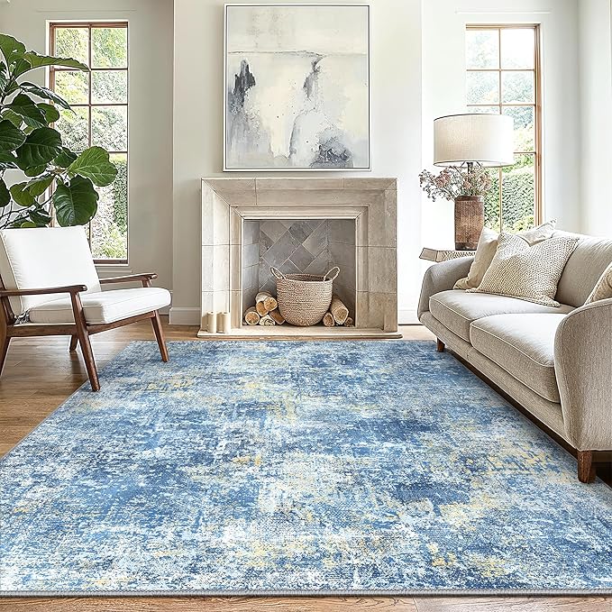 GENIMO Washable Area Rugs for Living Room Bedroom, 8X10 Modern Abstract Non Slip Rug, Low Pile Soft Contemporary Indoor Floor Carpet Cover for Dinning Room Kitchen, Denim Blue