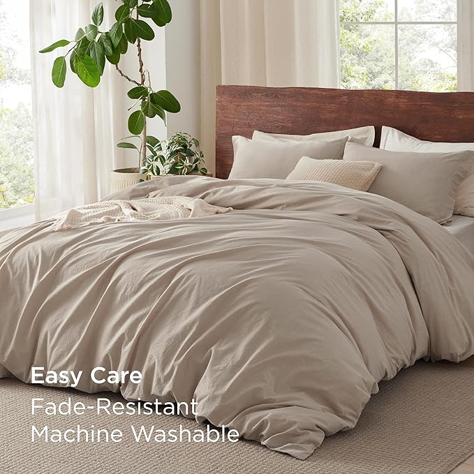 Bedsure 100% Washed Cotton Duvet Cover Twin - Khaki Minimalist Duvet Cover Linen Like for All Seasons - GentleSoft™ Plain Simple Cotton Bedding, 2 Pieces (Khaki, Twin, 68"x90")