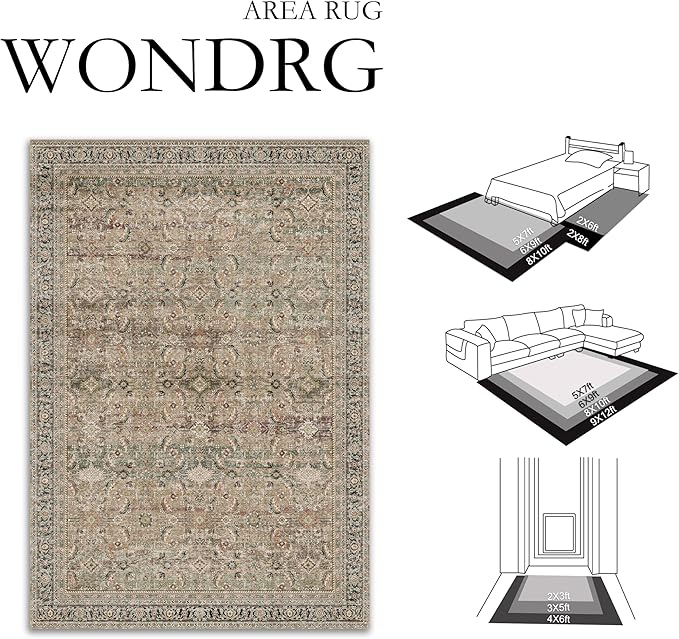 10x14 Washable Area Rug Brown Vintage Distressed Living Room Bedroom Large Throw Rug Non Slip Low Pile Soft Accent Indoor Floor Carpet for Dining Room Office Entryway Kitchen