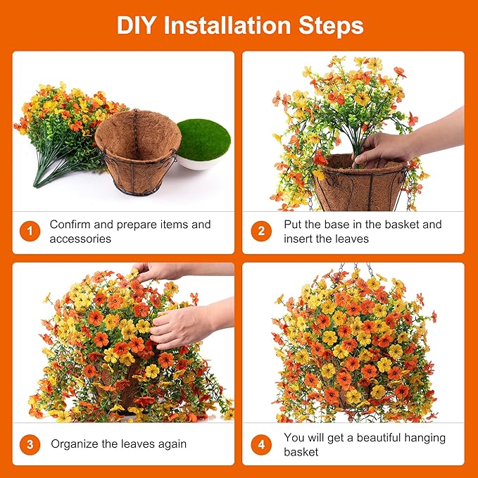 Artificial Fake Fall Hanging Flowers Plants with Basket for Outdoor Decor, Fake Mums Autumn Plants No Fade Plastic Faux Silk Daisy Flowers Fall Decoration for Outside Garden Porch Patio(Yellow Orange)