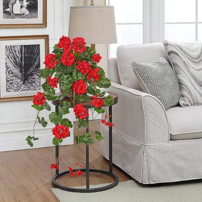 Briful Artificial Geranium Hanging Plant in Vintage Woven Basket, 29.9 Inch Trailing Faux Plant with Red Silk Flowers and Green Plastic Leaves, Realistic Indoor Outdoor Garden Shelf Decor