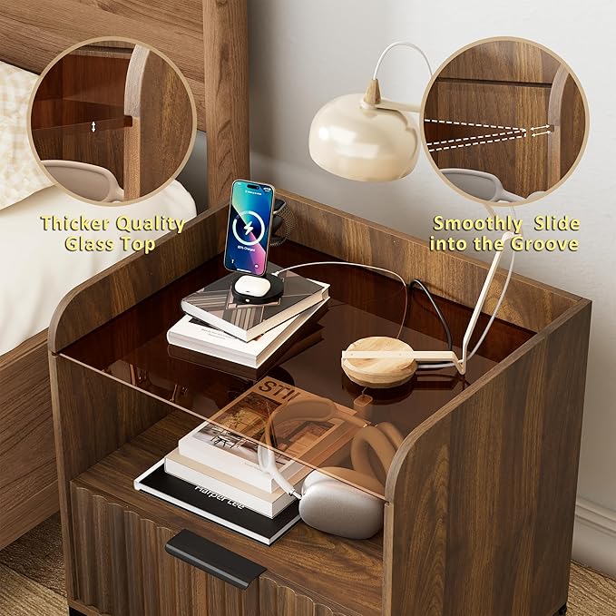 Nightstand Set of 2 with Charging Station, Mid Century Modern Night Stand, Fluted Bedside Table with Glass Top & Metal Legs, Wood End Table for Bedroom, Living Room (Walnut)