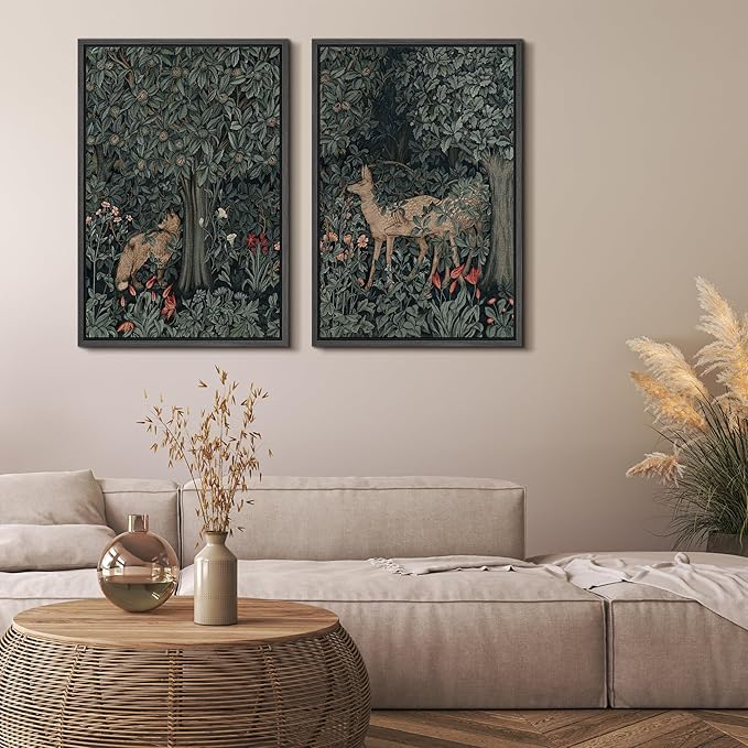 MUDECOR Framed Canvas Print Wall Art Enchanting Forest Wildlife Prints Deer & Fox in Woodland Nature Wilderness Illustrations Realism Decorative for Living Room, Bedroom, Office - 24"x36"x2 Black