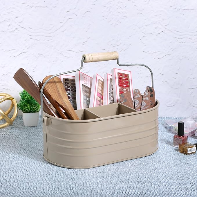 Alpha Living Home Multi-Functional Utensil Caddy – 4-Compartment Organizer for Kitchen, Party & Office – Durable Beige Powder-Coated Iron Alloy with Wooden Handle