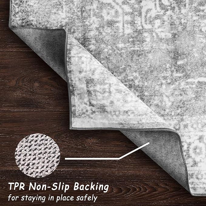 vivorug Runner Rug 2x10 Machine Washable Rug with Non-Slip Backing, Ideal for Kitchen Hallway Entryway Laundry Room - Vintage, Durable, Easy Clean, Low Pile Carpet Runner, Ivory/Silver