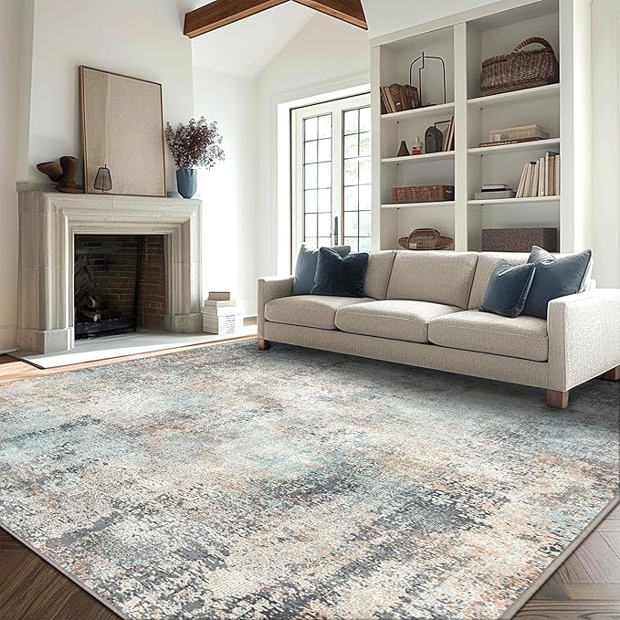GENIMO Washable Area Rugs for Living Room Bedroom, 10x14 Modern Abstract Non Slip Rug, Low Pile Soft Contemporary Indoor Floor Carpet Cover for Dinning Room Kitchen, Light Blue