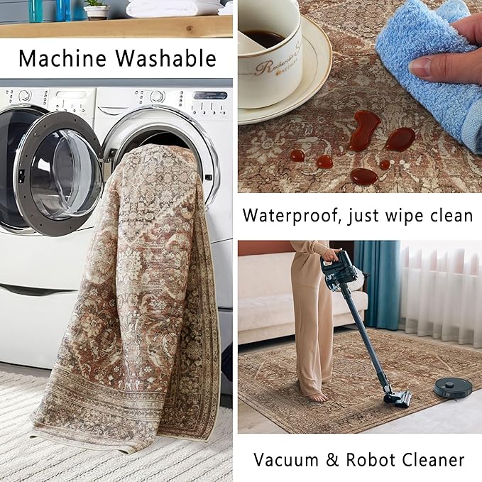 vivorug 5x7 Area Rugs - Ultra-Thin Washable Rug with Non-Slip Backing, Ideal for Living Room, Bedroom, Kitchen Floor Carpet - Vintage, Easy Clean, Durable, Earth Tone