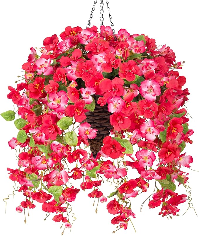 Ivydale Artificial Faux Hanging Flowers Plant Baskets for Outdoors Decoration, Fake Hibiscus UV Resistance Realistic Silk Flower for Outside Home Patio Porch Balcony Garden Wedding, Mix