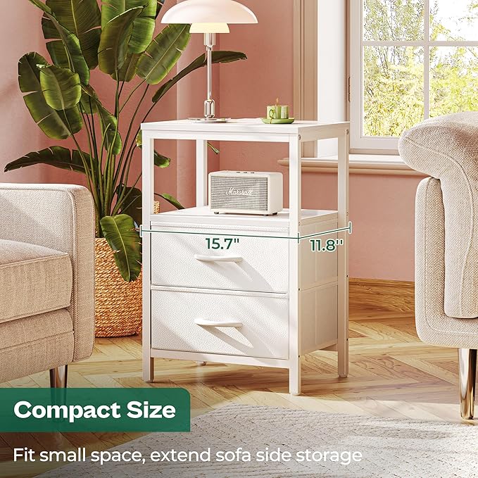 Huuger Nightstands Set of 2, End Tables with Charging Station, Side Tables with Fabric Drawers, Bedside Tables with USB Ports and Outlets, Night Stands for Bedroom, White