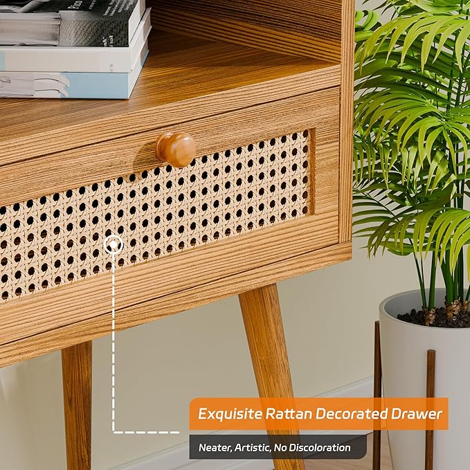 Nightstand Bedside Table Small Nightstand with Drawers Rattan Side Table End Tables Bedroom Wood Mid Century Modern Nightstands