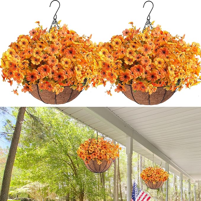 Orgrimmar 2 Pack Artificial Hanging Flowers Basket Outdoor Fake Hanging Plants UV Resistant Realistic Silk Flowers Eucalyptus in Coconut Lining Baskets for Home Porch Balcony Patio Yard Orange