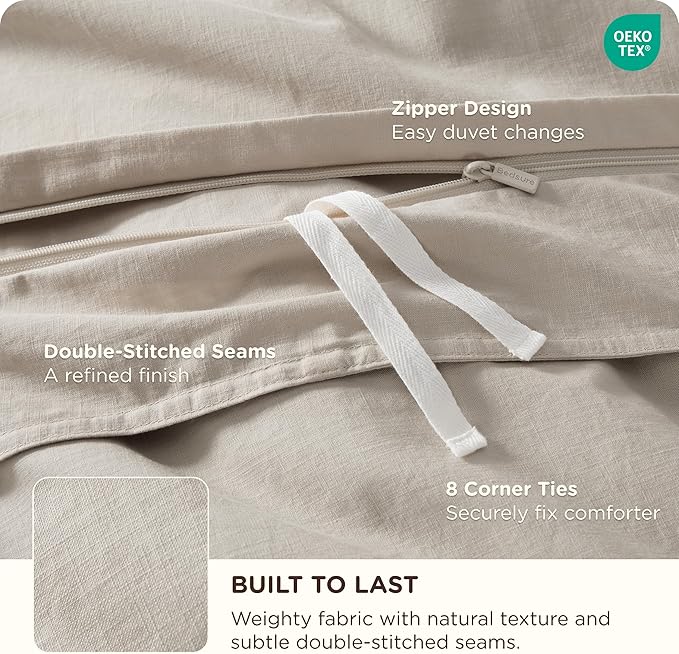 Bedsure Cotton Duvet Cover Queen Size - Luxury Slub Weave 100% Cotton Duvet Cover Set with a Linen Like Textured, Easy Change Durable Bedding Set 3 Pieces, Natural Linen, 90" x 90"