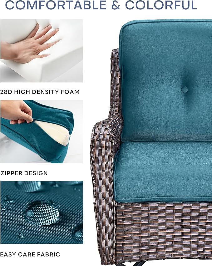 22x25/22x24 Outdoor Cushions for Patio Couch Chairs Set of 3 - High Back Comfy Outside Seat Cushions for Wicker Dining Rocker Glider Loveseat 3-Seater Sectional Sofa - Peacock Blue/Button