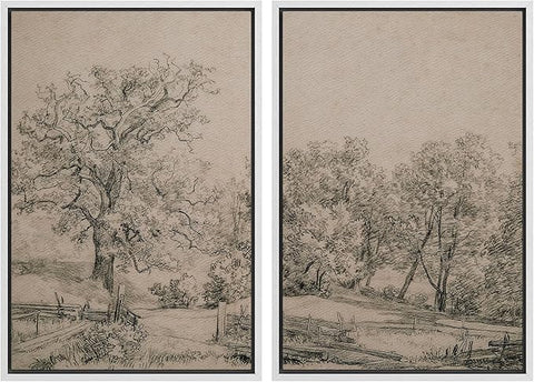 MUDECOR Framed Canvas Print Wall Art Ancient Tree and Country Road Sketch Classic Landscape Pencil Nature Wilderness Illustrations Decorative for Living Room, Bedroom, Office - 16"x24"x2 White