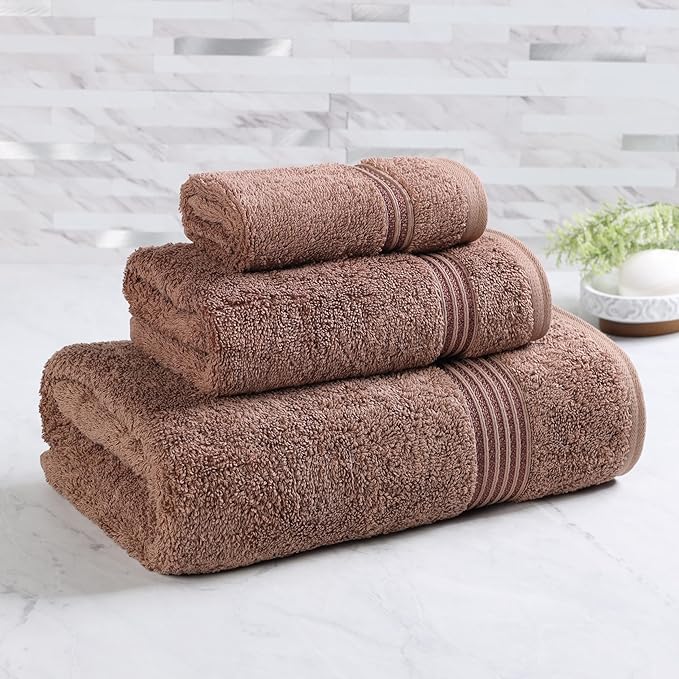 Superior Egyptian Cotton 3-Piece Towel Set, Basic Towels For Bathroom, Home Decor, Guest Bath, Shower, Apartment, Included 1 Face, 1 Hand, 1 Bath Towel, Washcloth, Quick Dry, Mocha
