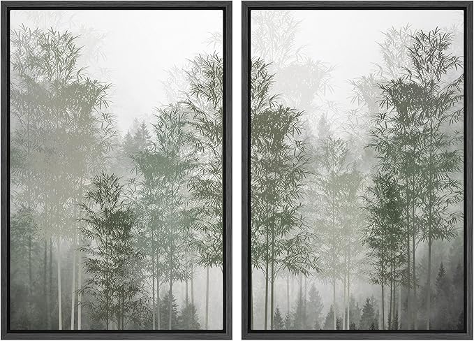 MUDECOR Framed Canvas Print Wall Art Pastel Watercolor Misty Fog Forest Tree Wilderness Nature Illustrations Modern Art Decorative Calm/Relax Multicolor Rustic Minimal for Bedroom - 16"x24"x2 Black