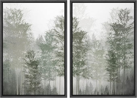 MUDECOR Framed Canvas Print Wall Art Pastel Watercolor Misty Fog Forest Tree Wilderness Nature Illustrations Modern Art Decorative Calm/Relax Multicolor Rustic Minimal for Bedroom - 16"x24"x2 Black