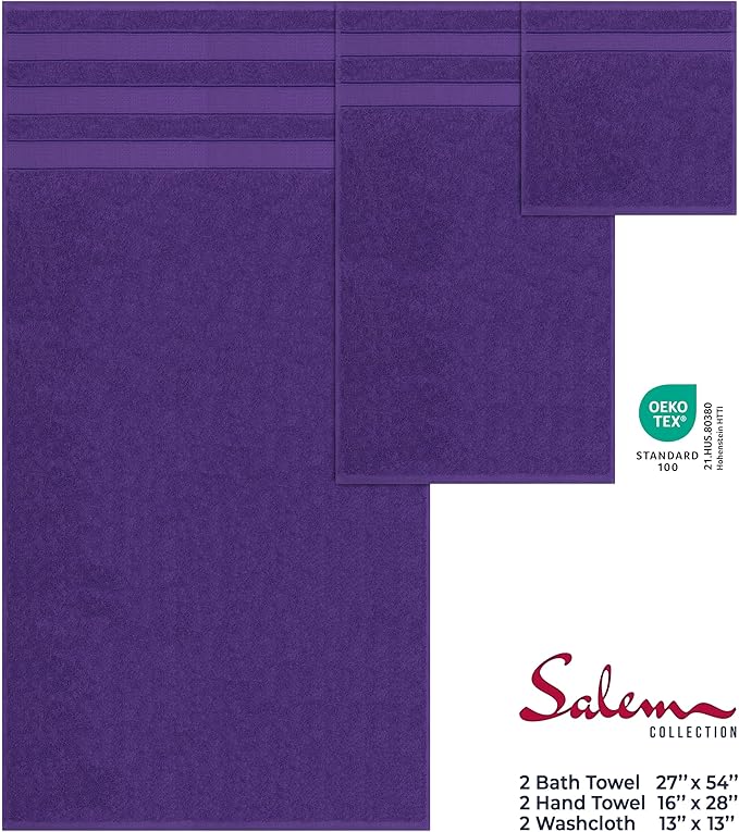 American Soft Linen Salem Turkish Bath Towel Set, 100% Cotton 600 GSM 6 Piece Towels for Bathroom, 2 Bath Towels 2 Hand Towels 2 Washcloths, Purple