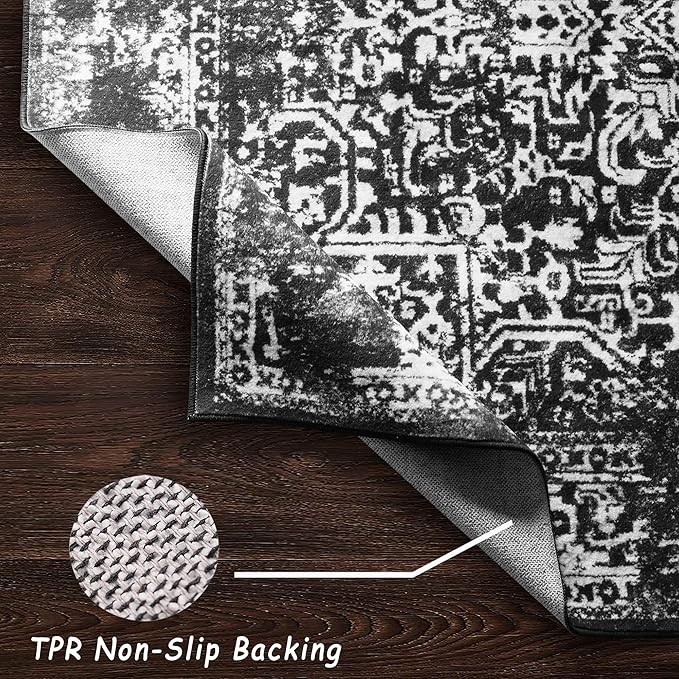 vivorug 9x12 Area Rugs, Stain Resistant Washable Rug for Living Room, Vintage-Inspired Black and White Rug