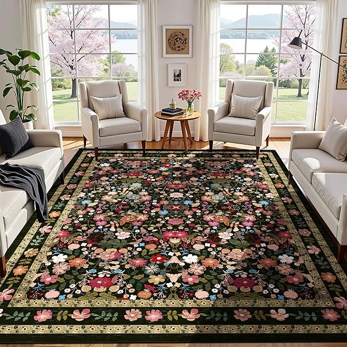 Deerly Large Floral Washable Rugs 8x10 Vintage Black Living Room Carpet Boho Non-Slip Soft Low Pile Thin Bedroom Floor Mat Indoor for Dining Room Playroom Nursery Farmhouse, Black/Multi