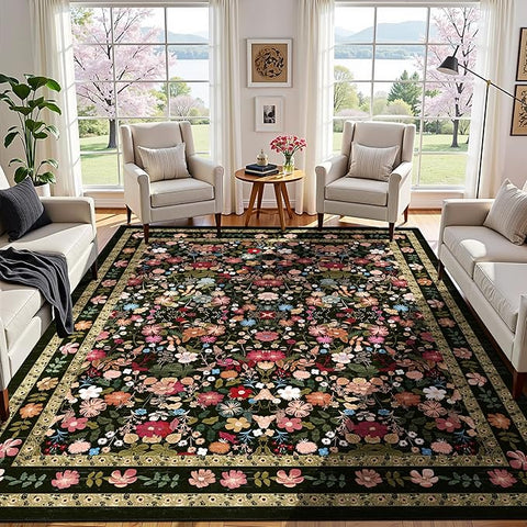 Deerly Large Floral Washable Rugs 8x10 Vintage Black Living Room Carpet Boho Non-Slip Soft Low Pile Thin Bedroom Floor Mat Indoor for Dining Room Playroom Nursery Farmhouse, Black/Multi