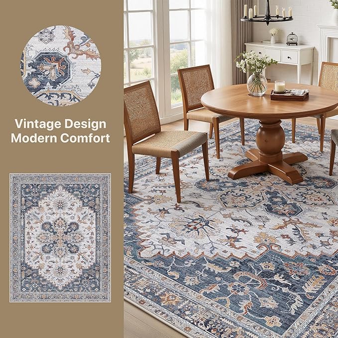 GENIMO 8X10 Area Rugs for Living Room, Machine Washable Vintage Floor Cover Foldable Modern Non Slip Rug, Low Pile Soft Indoor Carpet Floral Print Mat Rug,Bedroom/Dining Room/Home Office,Navy Blue