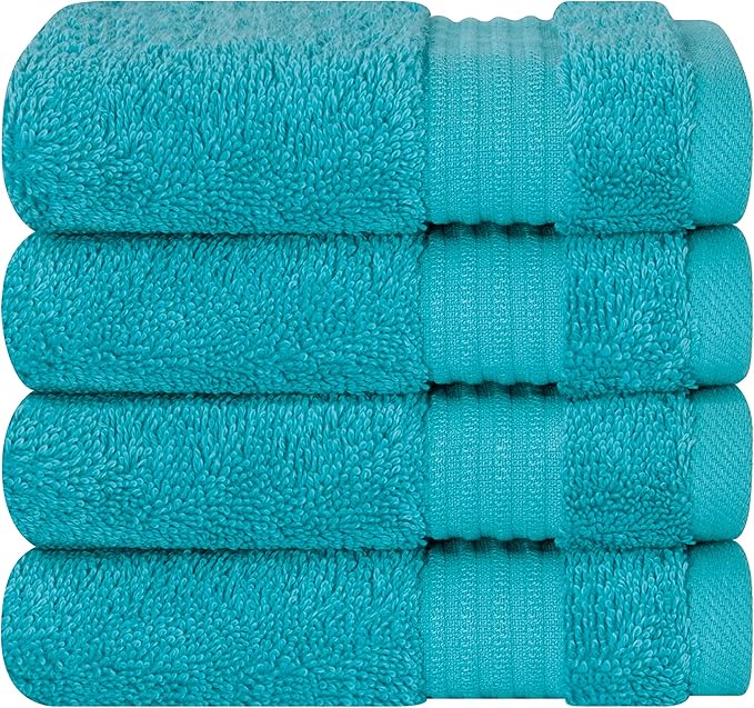 Cotton Paradise 100% Cotton Turkish Washcloth Set for Bathroom, 4 Piece Soft Absorbent Small Hand Face Towels Wash Rags, Aqua Blue
