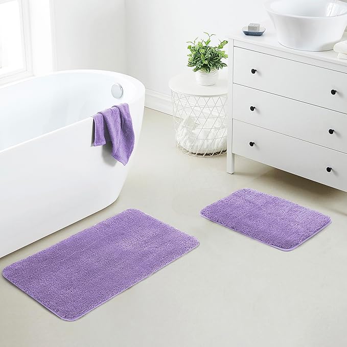 YHF Bathroom Rug Set 2 Piece, Extra Thick & Soft Microfiber Shaggy, Machine Washable Bath Mats, Absorbent Bath Rugs, Non-Slip Rubber Backing Bath Mat for Bathroom Floor, Tub and Shower, Lavender
