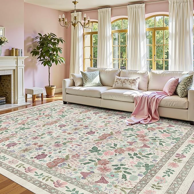 Deerly Large Floral Washable Area Rugs 9x12 for Living Room Vintage Boho Non-Slip Bedroom Carpet Soft Low Pile Thin Floor Mat Indoor for Dining Room Nursery Farmhouse, Beige/Light Pink/Multi