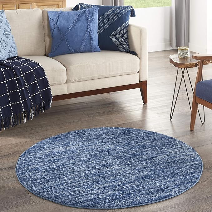 Nourison Home Essentials Indoor/Outdoor Navy Blue 4' x Round Area Rug, Easy Cleaning, Non Shedding, Bed Room, Living Room, Dining Room, Backyard, Deck, Patio (4 Round)