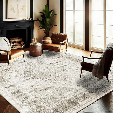 Washable Area Rug 8'x10' Retro Floral Khaki Boho Design Non-Shedding Non-Slip Easy Care Ideal for High Traffic Areas in Living Room Bedroom Office Coffee Table Kitchen Large Carpet