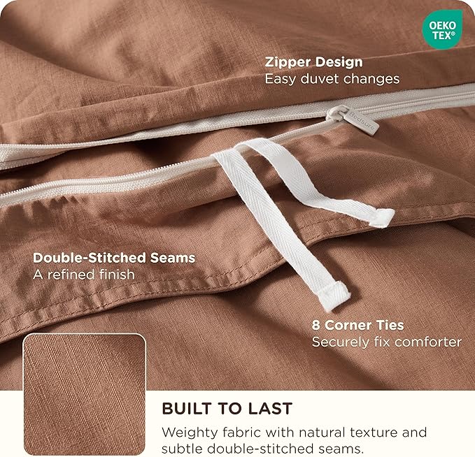Bedsure Cotton Duvet Cover Full - Luxury Slub Weave 100% Cotton Duvet Cover Set with a Linen Like Textured, Easy Change Durable Bedding Set 3 Pieces, Mocha Mousse, 80" x 90"